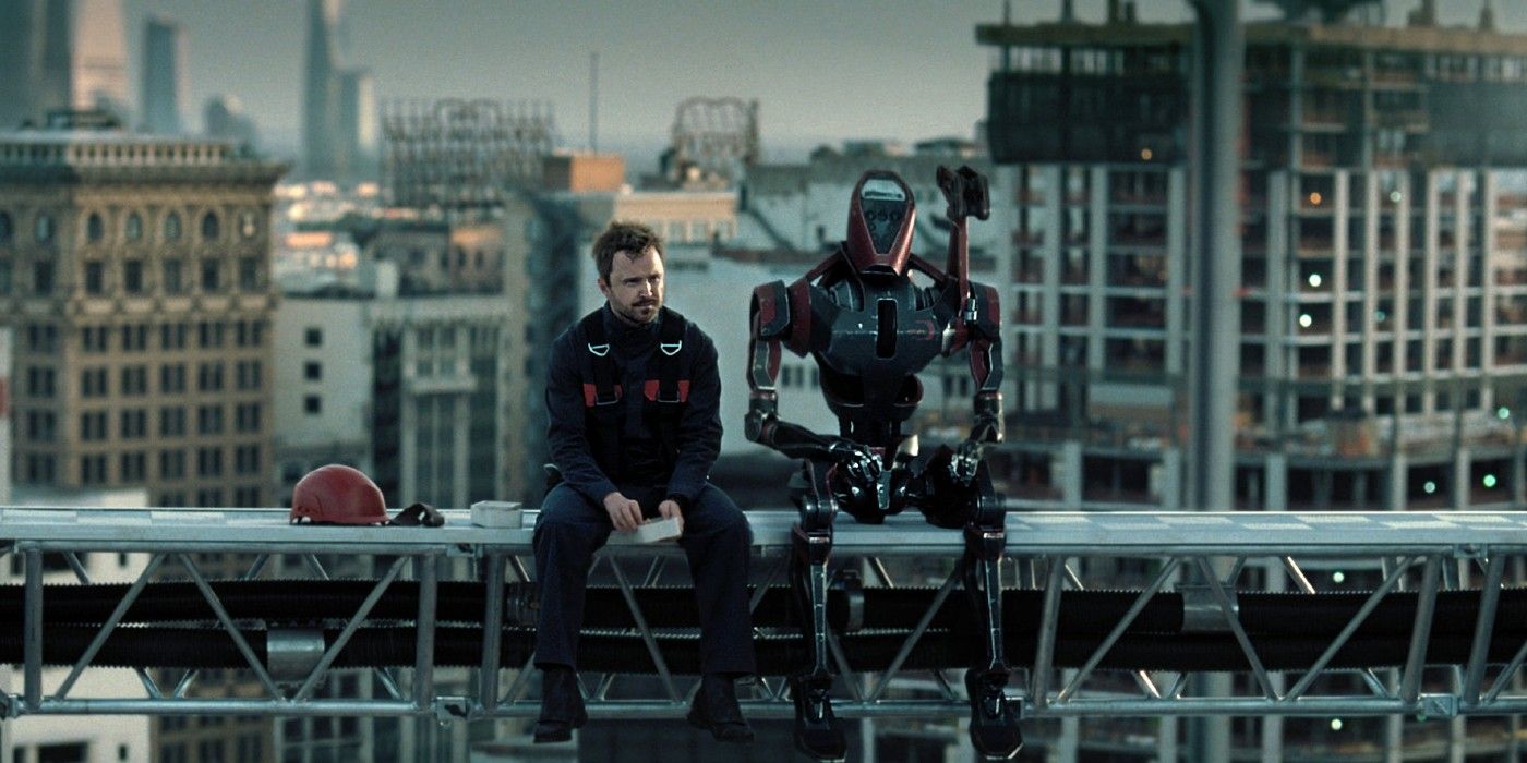 hbo series Westworld Aaron Paul sitting with a robot on a high rise scaffolding 