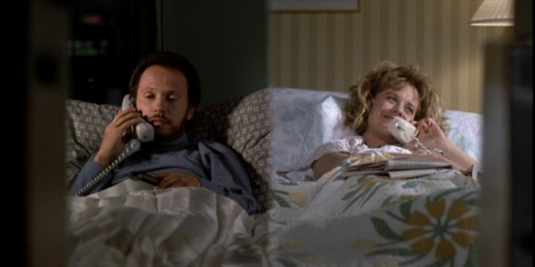A split screen from the movie features Harry and Sally in bed and on the phone with each other in When Harry Met Sally