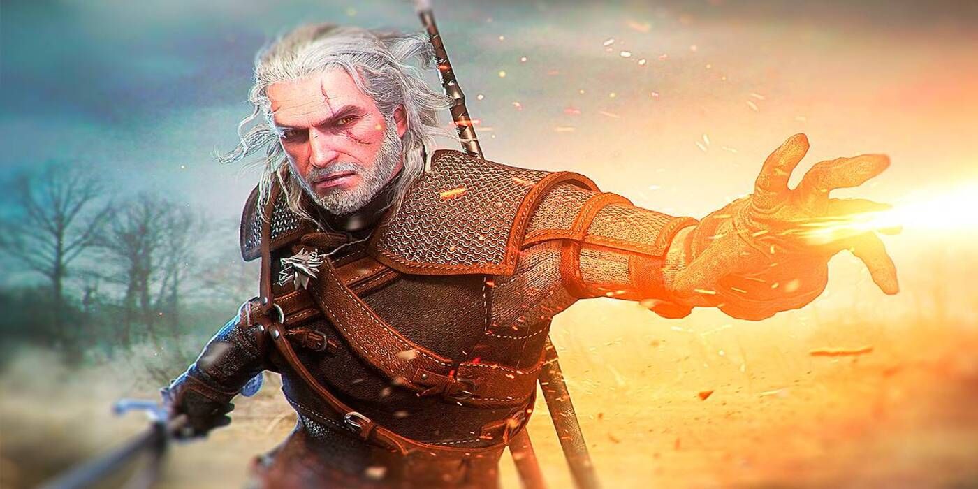 Geralt wields a magical spell in combat in The Witcher III: Wild Hunt