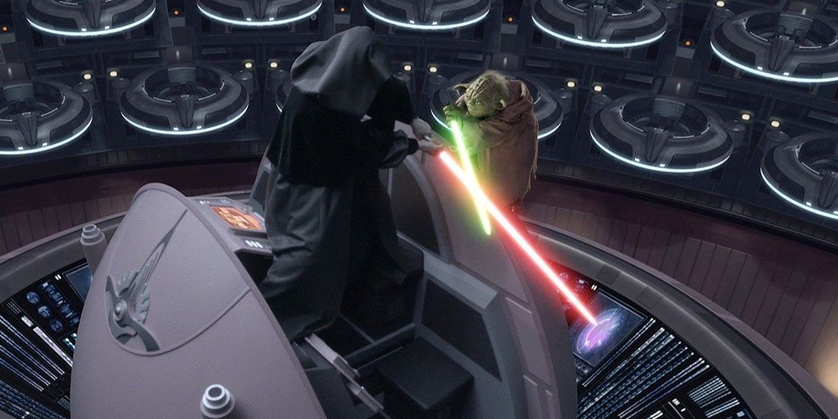 Yoda and Darth Sidious duel in the Senate Chamber in Revenge of the Sith
