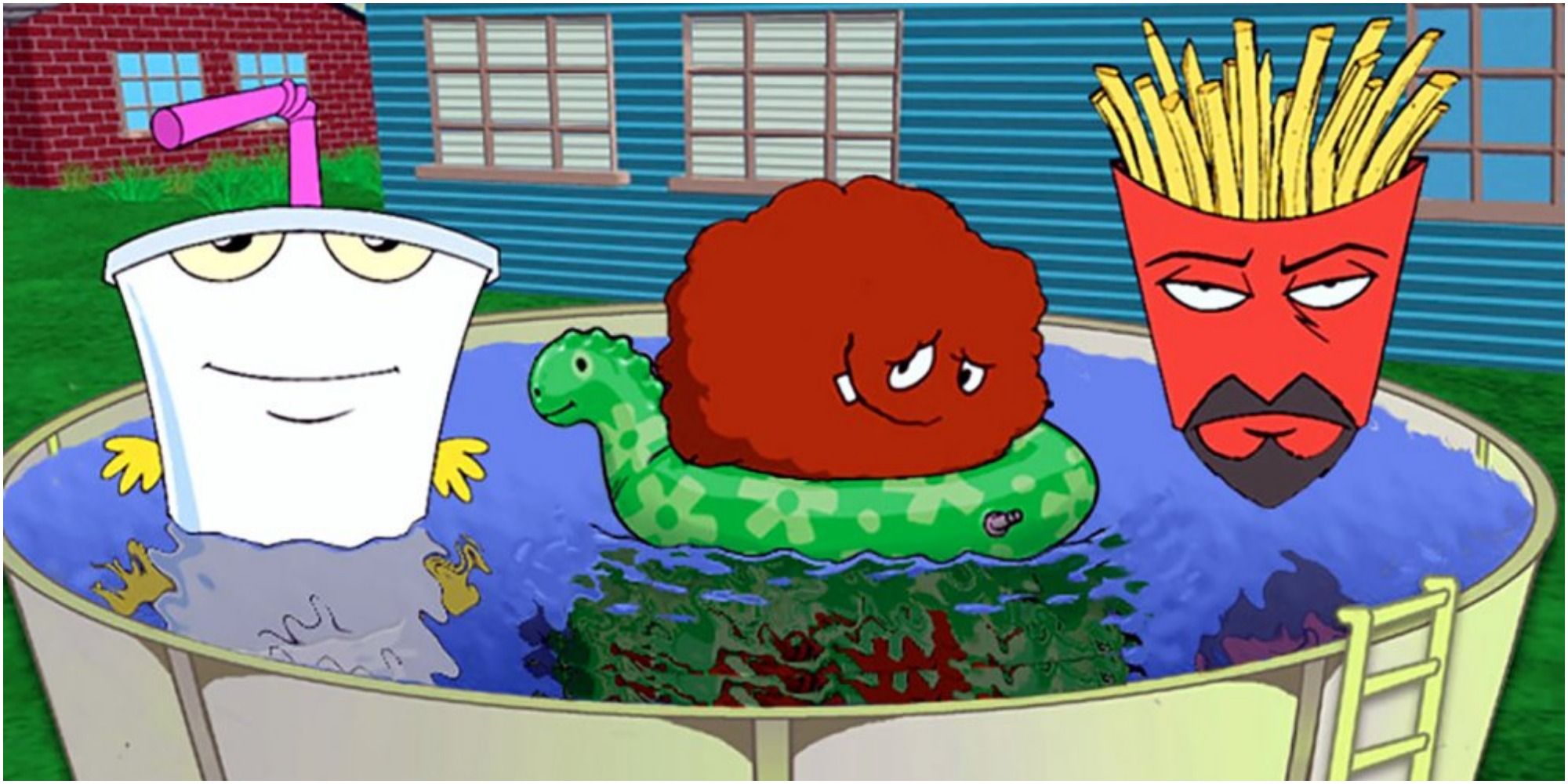 Meatwad, Fry, and Shake float in a pool