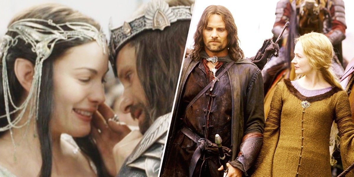 A split image of Arwen and Aragorn with one of Aragorn and Eowyn