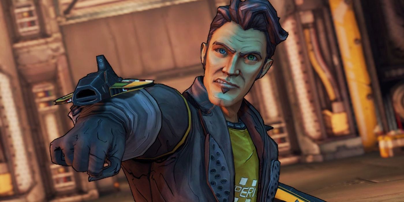 An image of Handsome Jack aiming a gun at someone off-screen in Borderlands 2