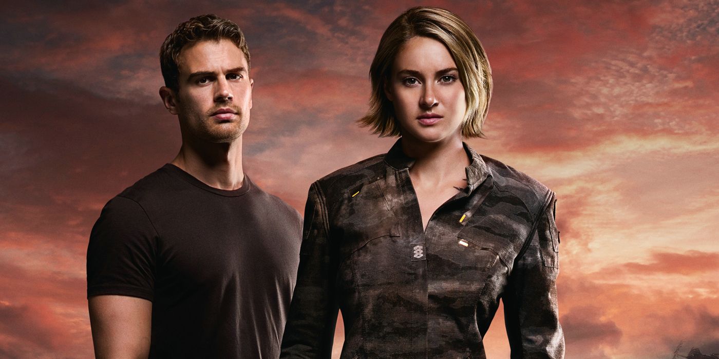 Shailene Woodley as Tris Prior and Theo James as Tobias Eaton for Allegiant in front of a pink sky