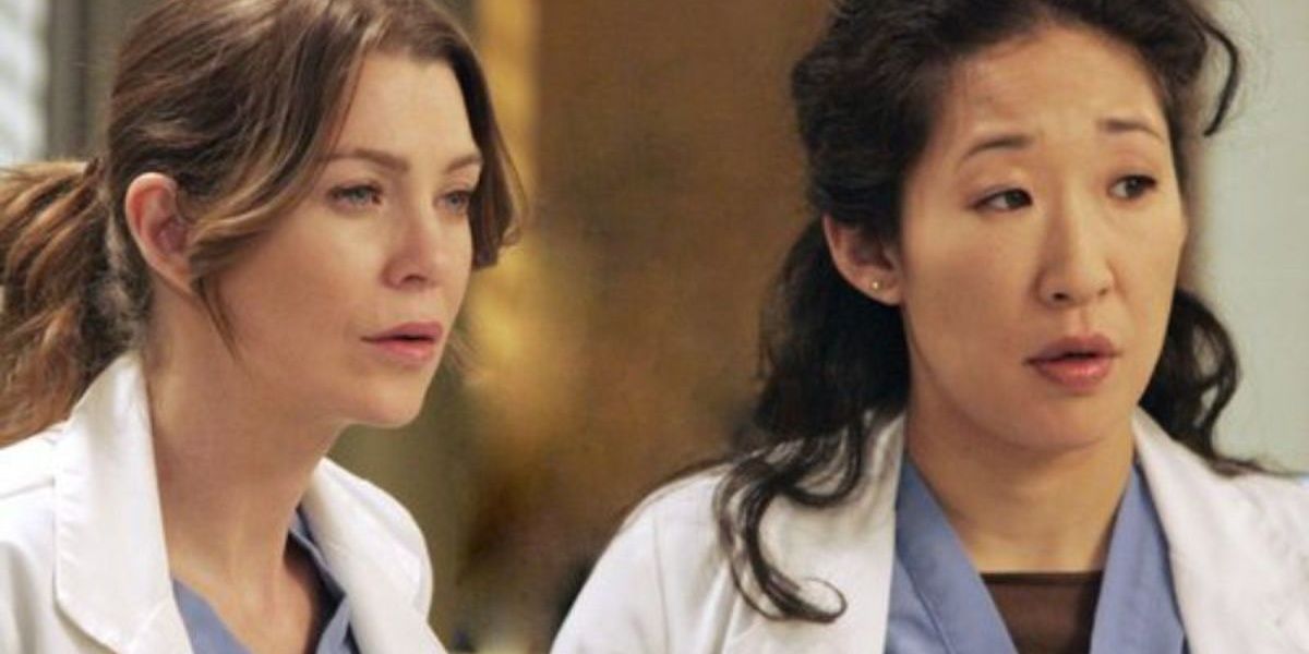 Cristina and Meredith looking serious on Grey&rsquo;s Anatomy.