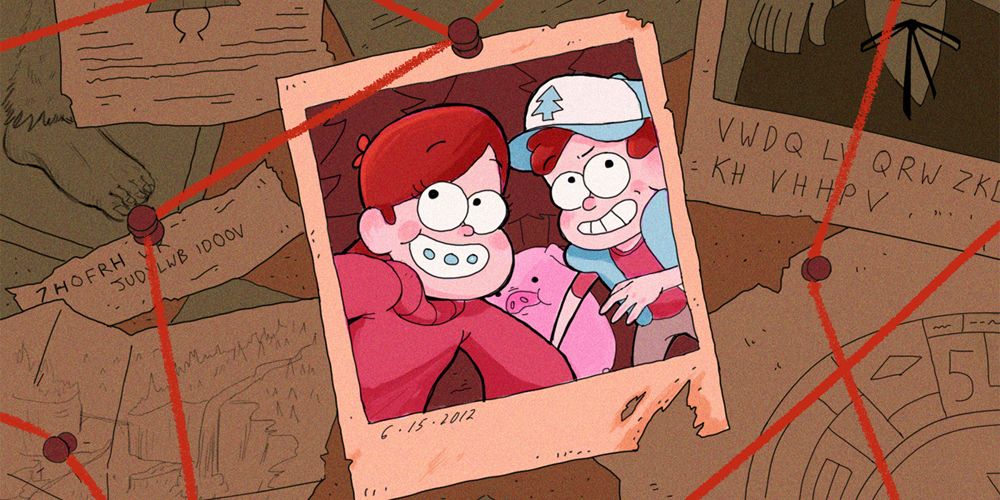 Uma fotografia com Mabel e Dipper sorrindo em Gravity Falls