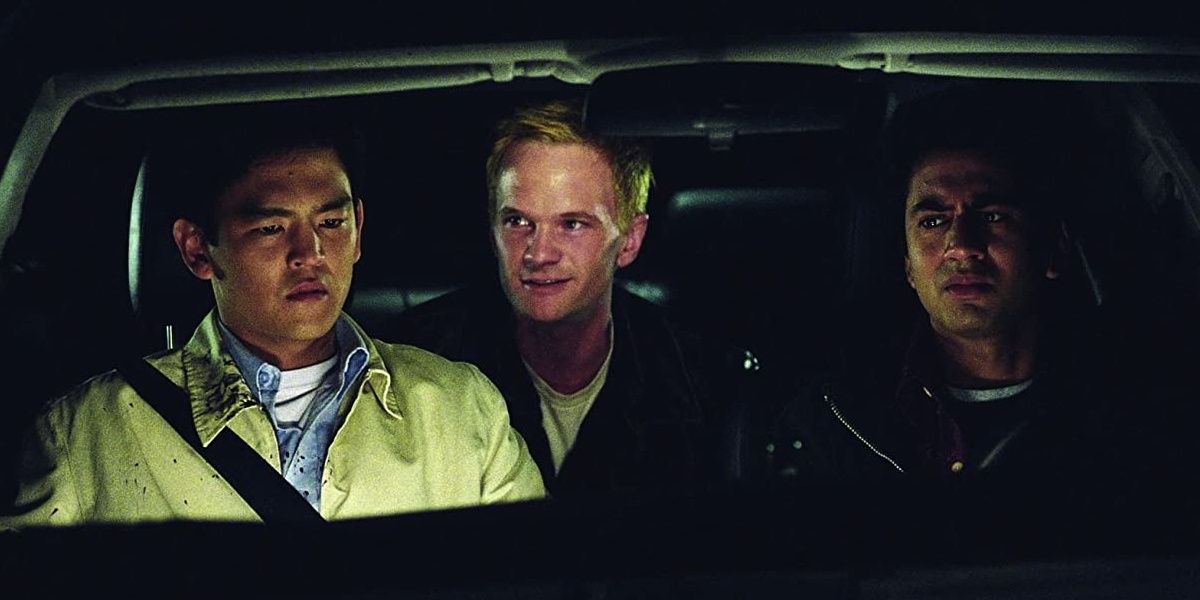 Harold, Kumar, and Neil Patrick Harris in a car in Harold and Kumar Go To White Castle