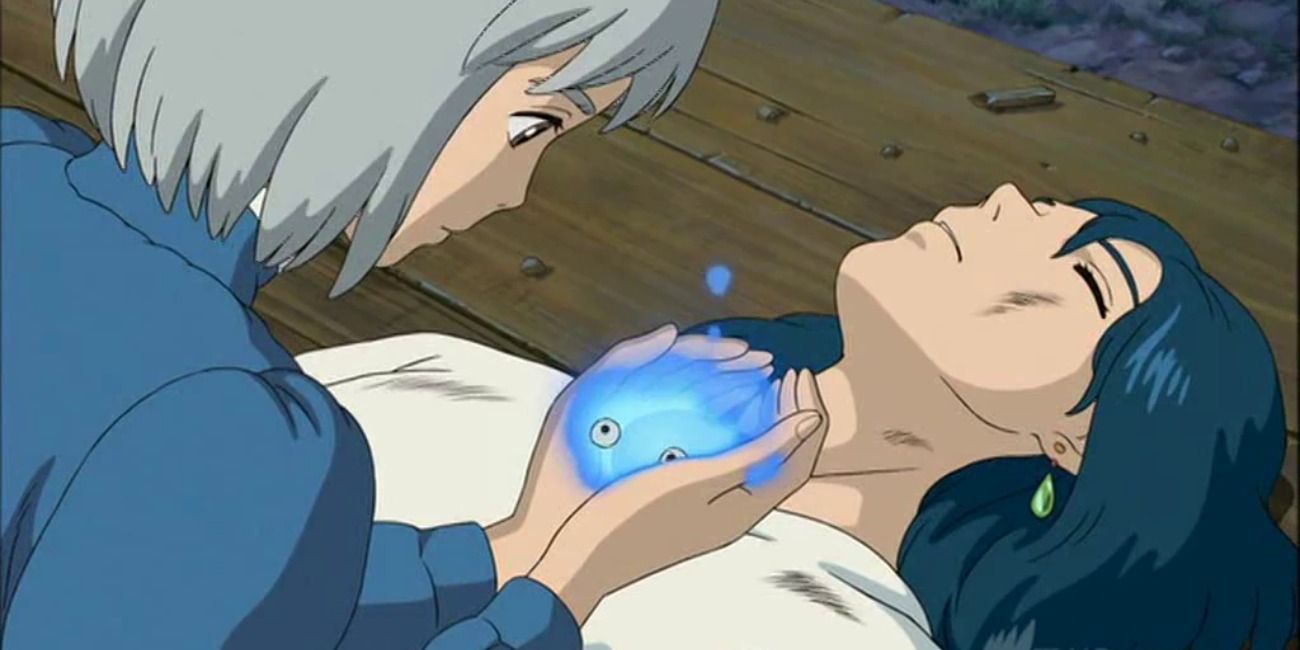 An image if a woman holding Howl's heart in Howl's Moving Castle