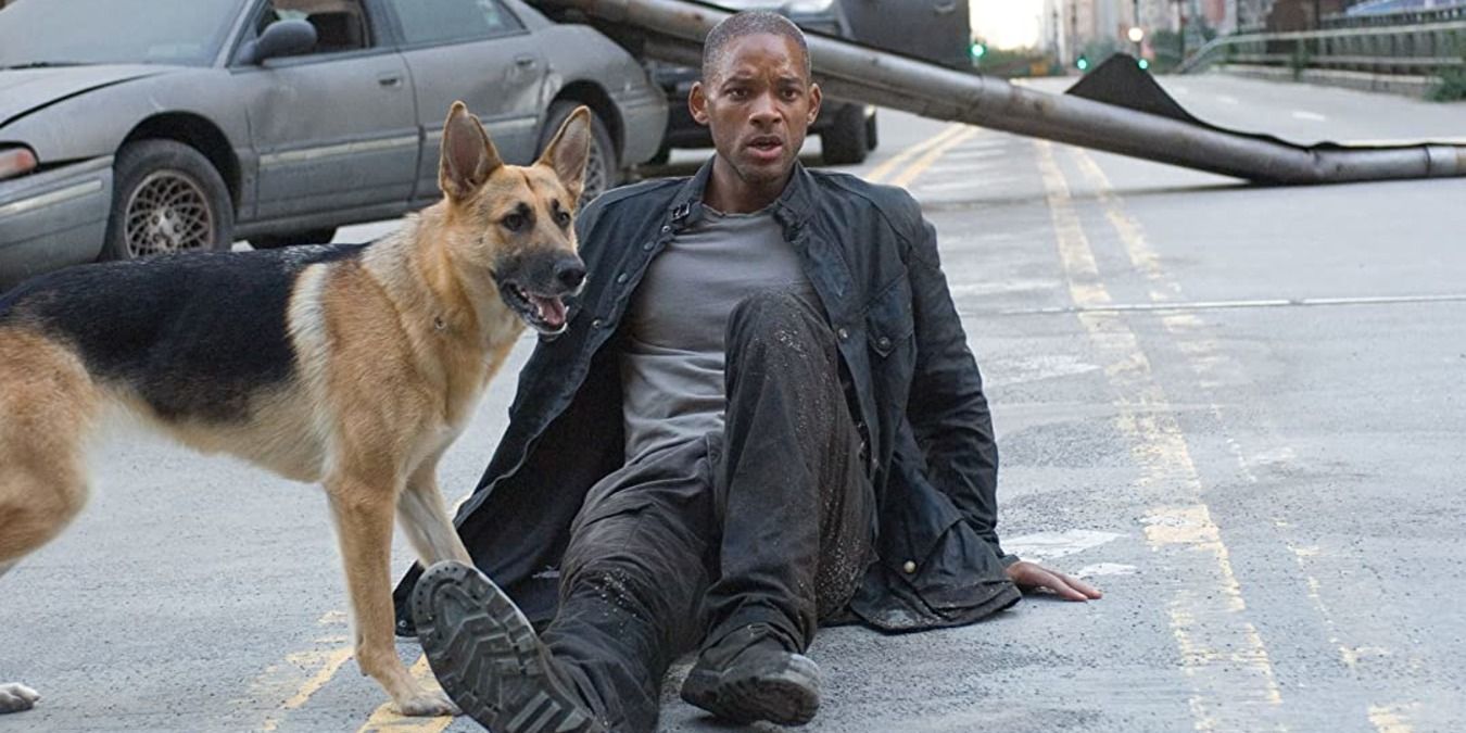 Robert lies on the street with Sam beside him in I Am Legend
