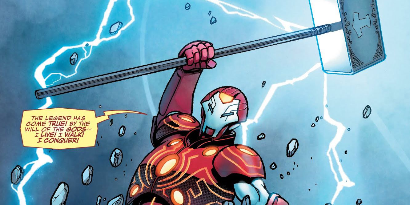 Iron Man wields his hammer in Infinity Warps comic.