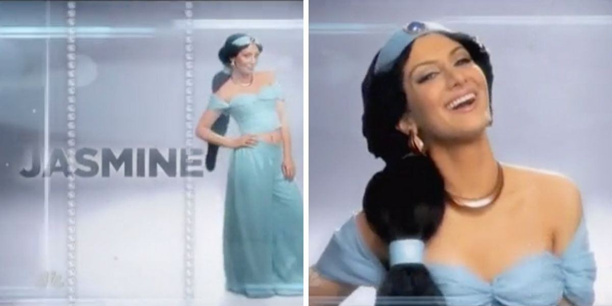 Split image of Jasmine on SNL Disney Houswives