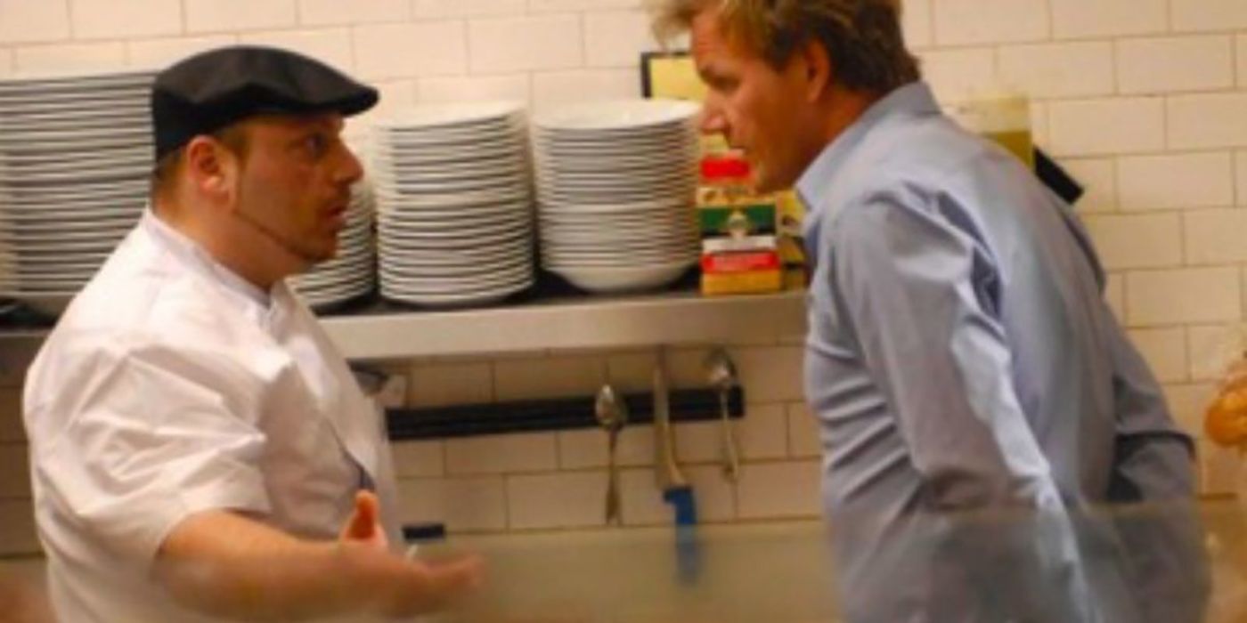 Gordon Ramsay arguing with a chef in a restaurant on Kitchen Nightmares