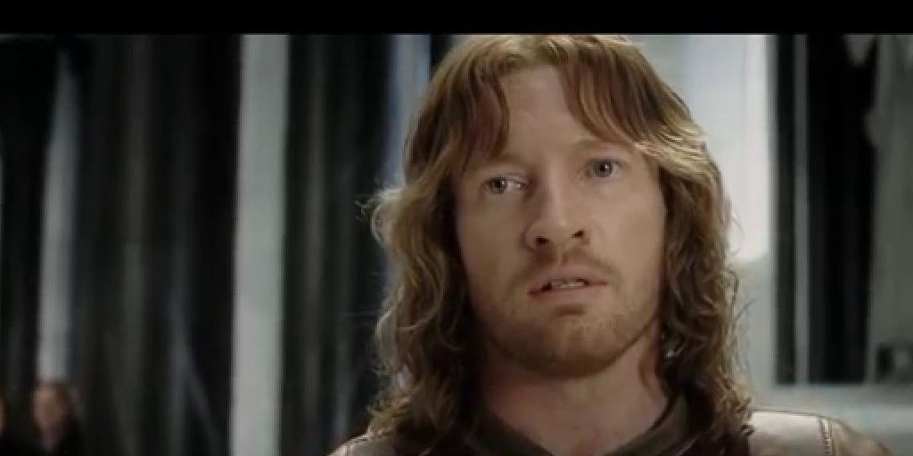 The Lord of the Rings: A close up of Faramir's face as his father confesses he wished him dead. 