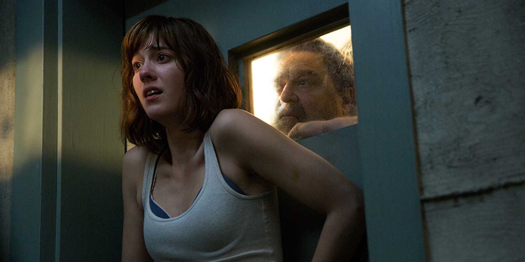 Michelle against a closed door in 10 Cloverfield Lane.