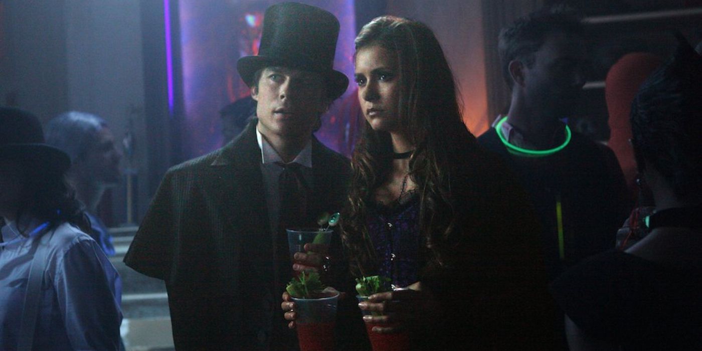 Damon and Elena at a college party in The Vampire Diaries.