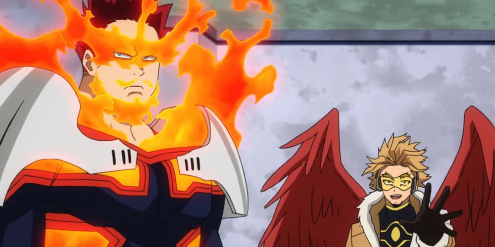 The heroes Hawks and Endeavor from the My Hero Academia anime.