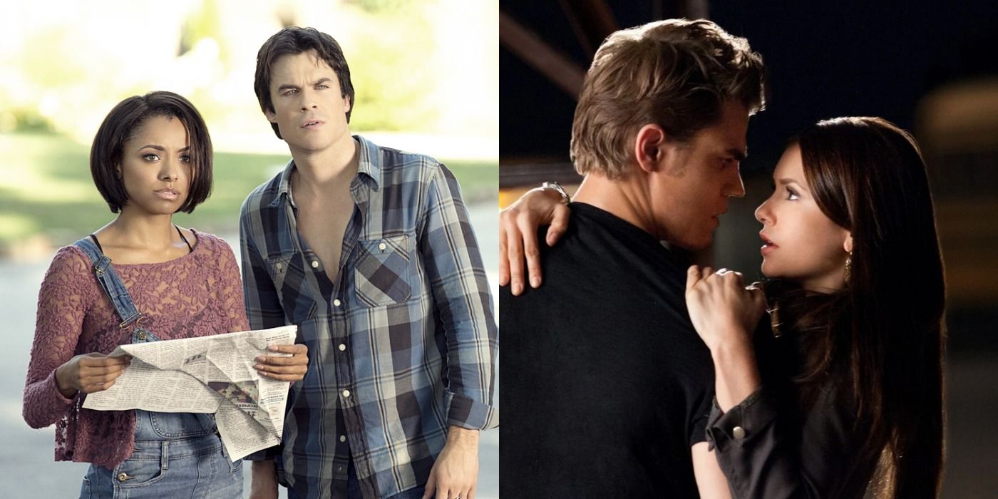 Split image of Damon and Bonnie with Stefan and Elena in The Vampire Diaries