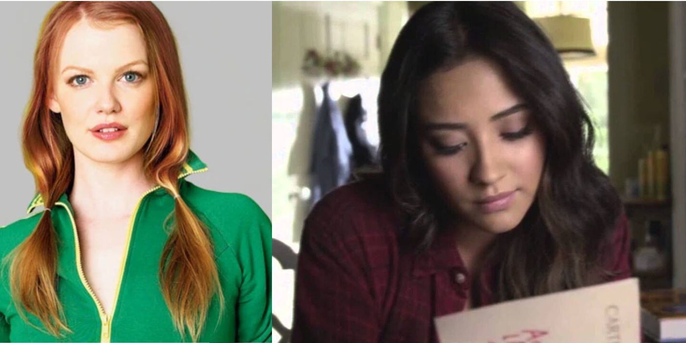 A split image features the illustration of Emily from the Pretty Little Liars book series and Shay Mitchel as Emily in the TV series