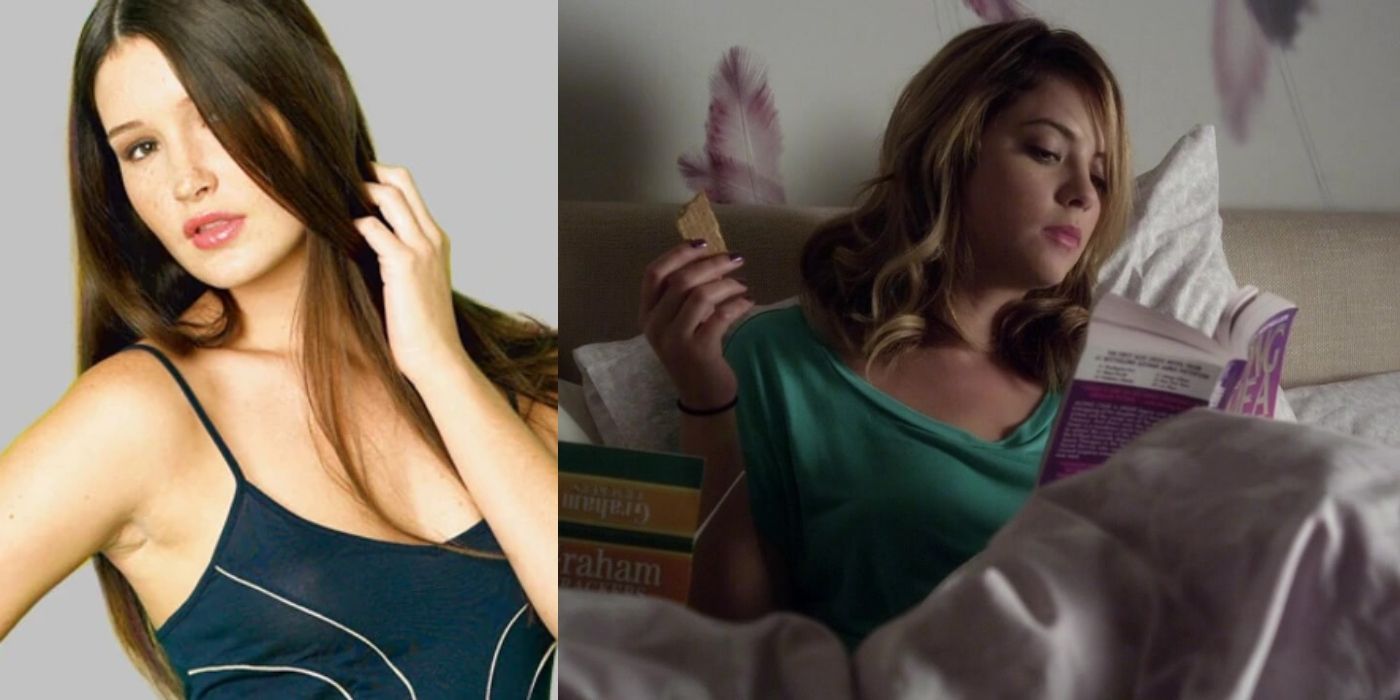 A split image features the cover illustration of Hannah for the Pretty Little Liars books and Ashley Benson as Hannah in the TV series