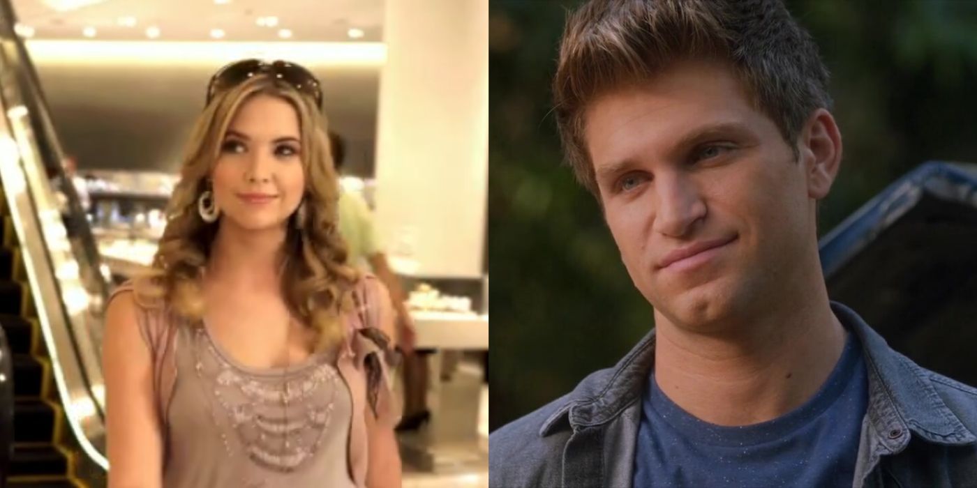 A split image features Hanna and Toby from the Pretty Little Liars TV series