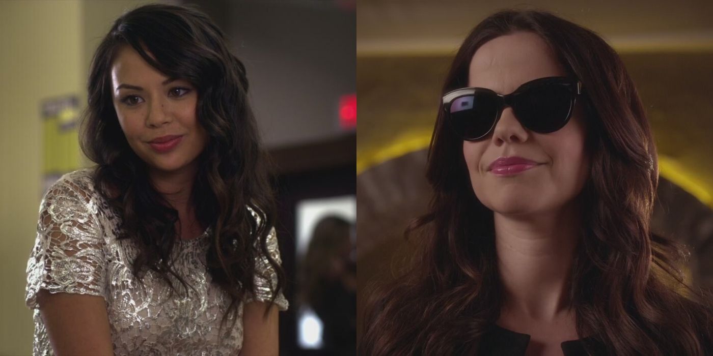 Split image of Mona and Jenna in Pretty Little Liars
