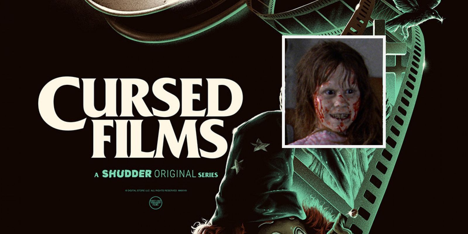 Shudder's Cursed Films banner with Regan from The Exorcist.
