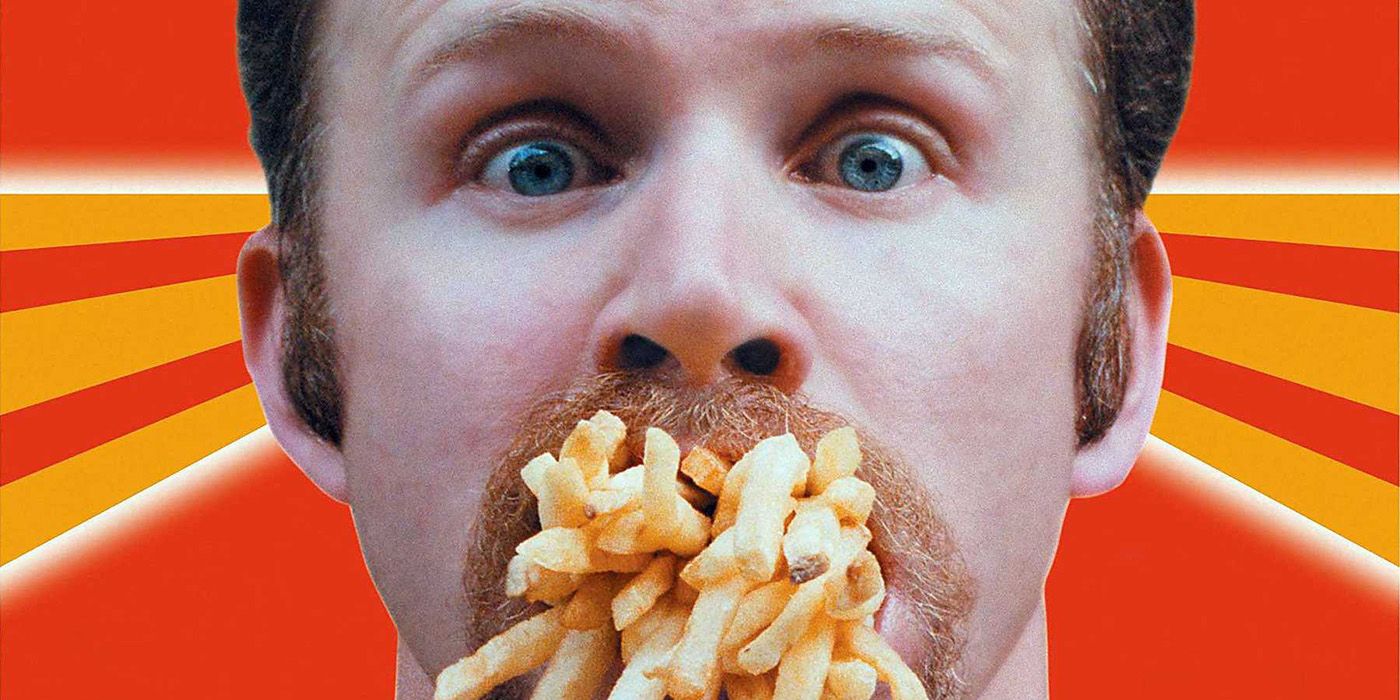 Morgan Spurlock has fries in his mouth on poster on Supersize Me