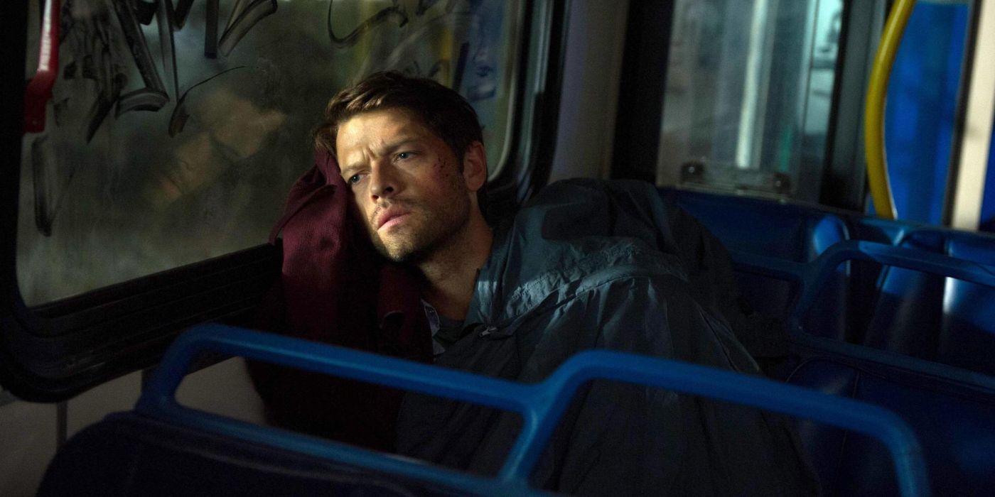 Castiel sits sadly on a bus in Supernatural