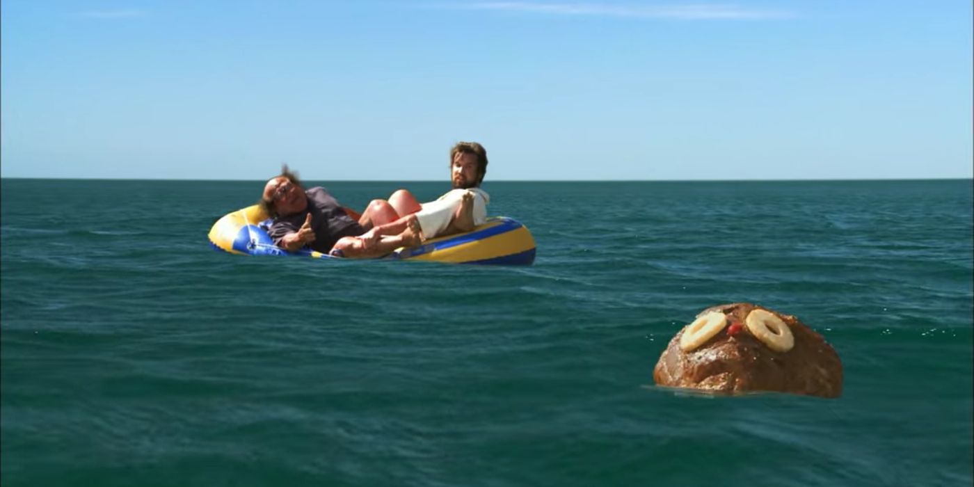 Frank and Mac in the ocean with rum ham in It's Always Sunny.