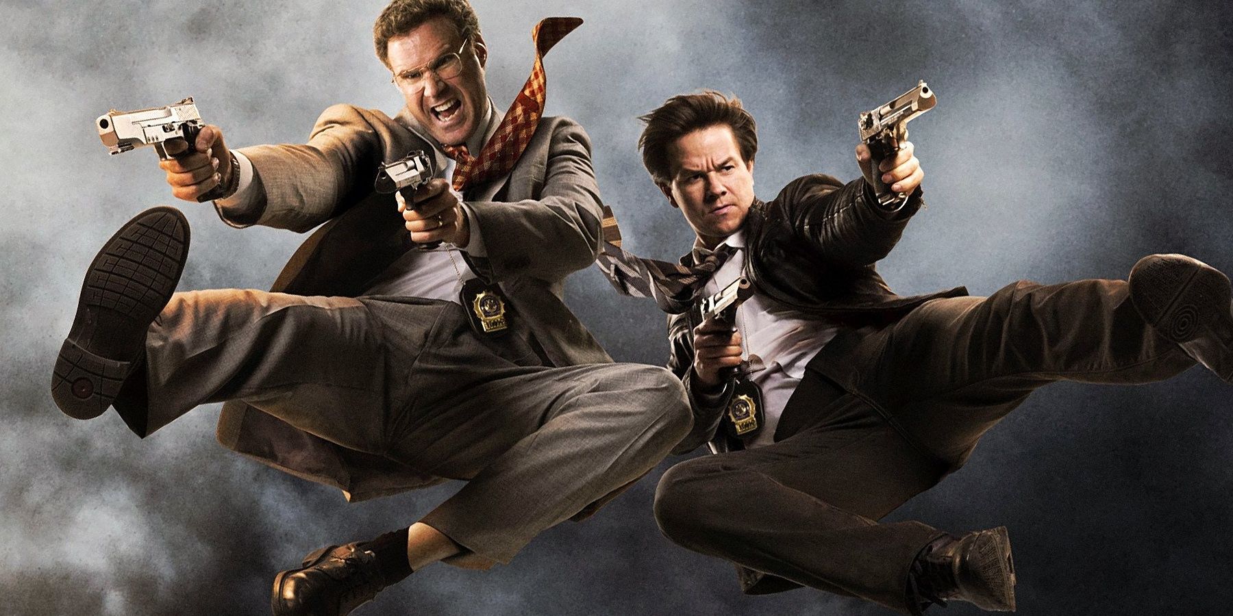 Will Ferrell and Mark Wahlberg shooting guns on the poster of The Other Guys