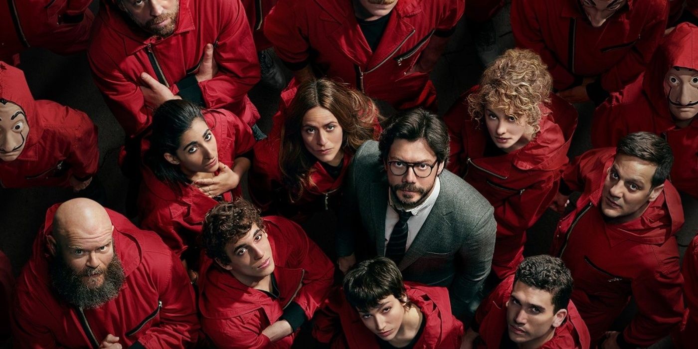 The cast of Money Heist looking up at the camera.