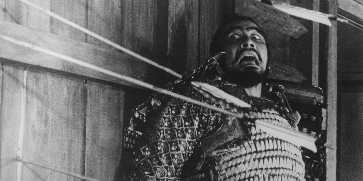 Toshiro Mifune's Washizu Taketoki getting shit at by arrows in a scene from Throne of Blood
