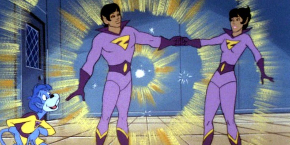 The Wonder Twins bumping their fists in a cartoon