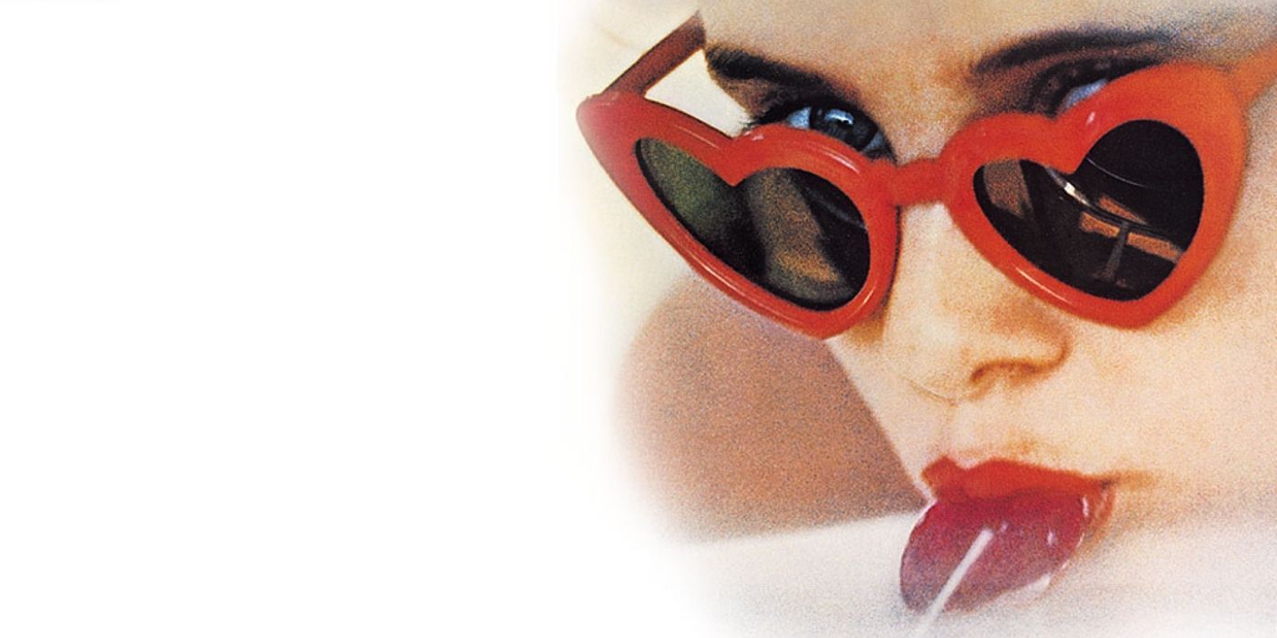 Lolita poster featuring a girl eating a lollipop and wearing heart-shaped sunglasses
