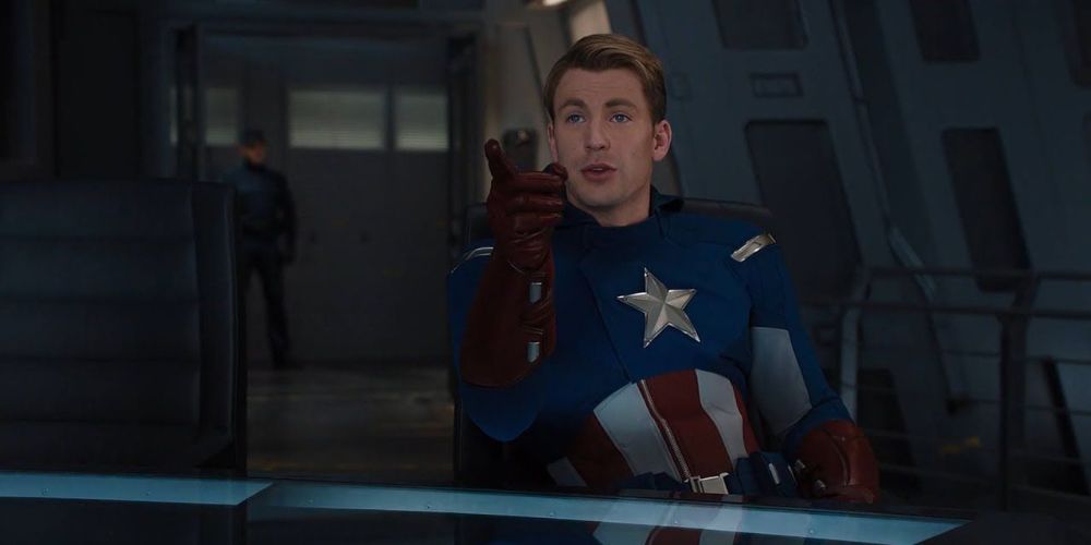 Steve Rogers pointing at someone in The Avengers.