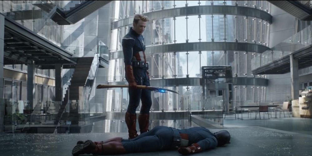 Captain America looks at his replicant from Endgame