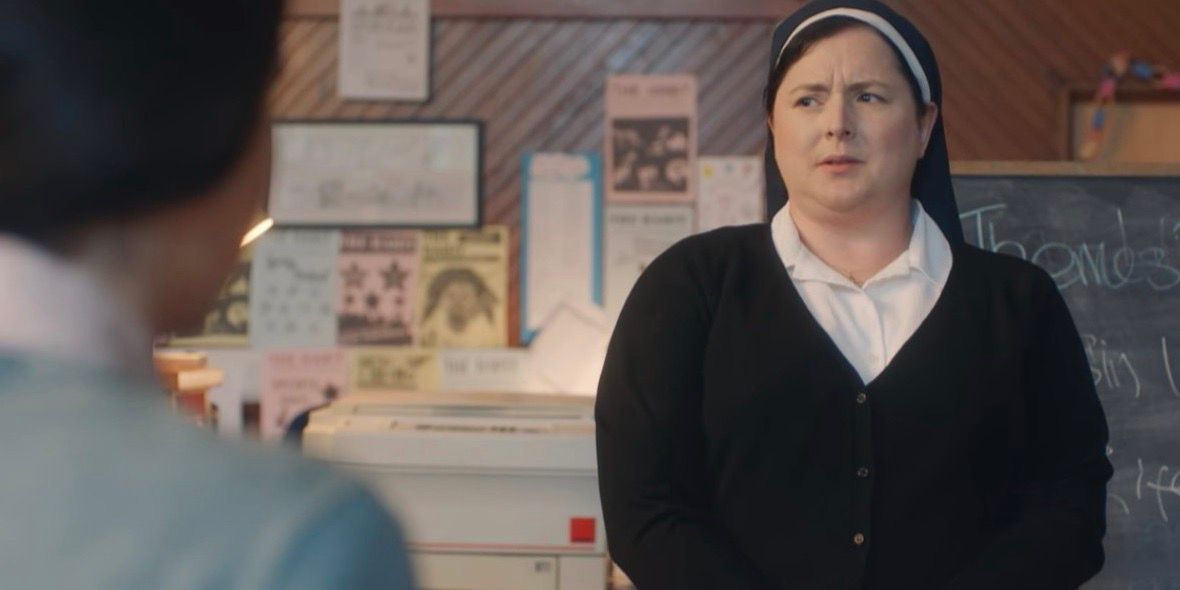 Sister Michael talking to the newspaper staff in Derry Girls