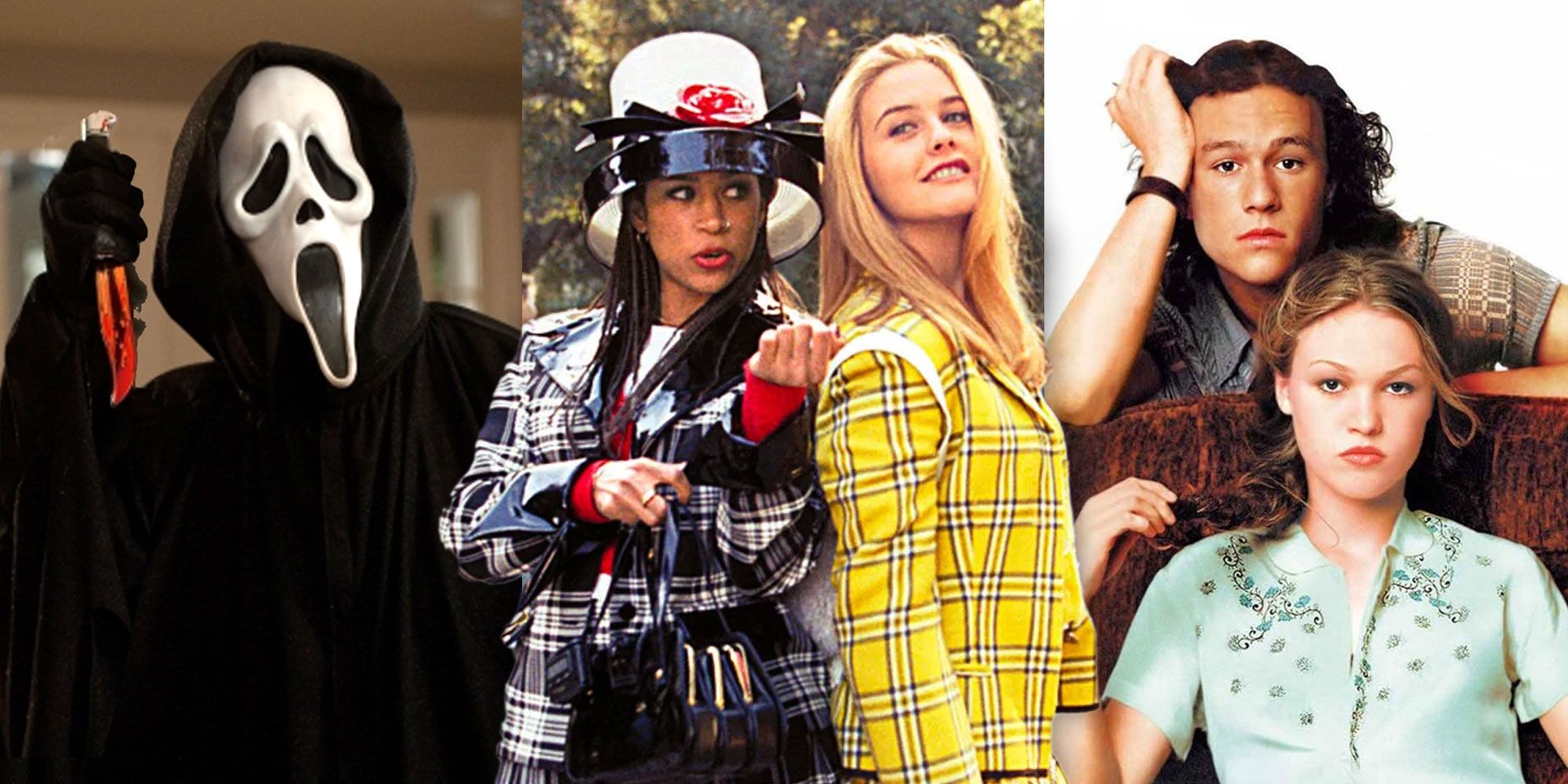 A split image features characters from 90s teen movies Scream, Clueless, and 10 Things I Hate About You