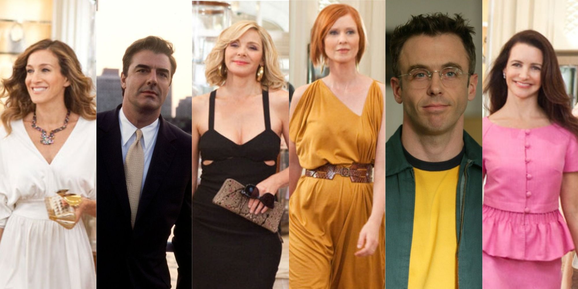 A collage of main characters from Sex and the City facing the camera and smiling