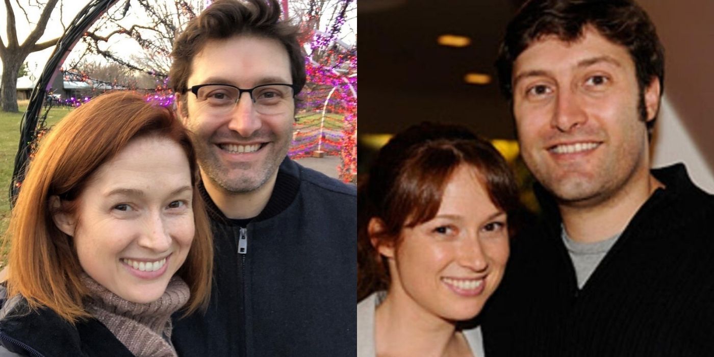 A split image of Ellie Kemper and her husband from The Office
