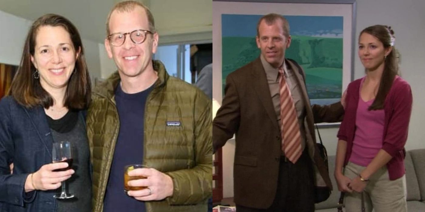 A split image of Paul Lieberstein and his wife from The Office
