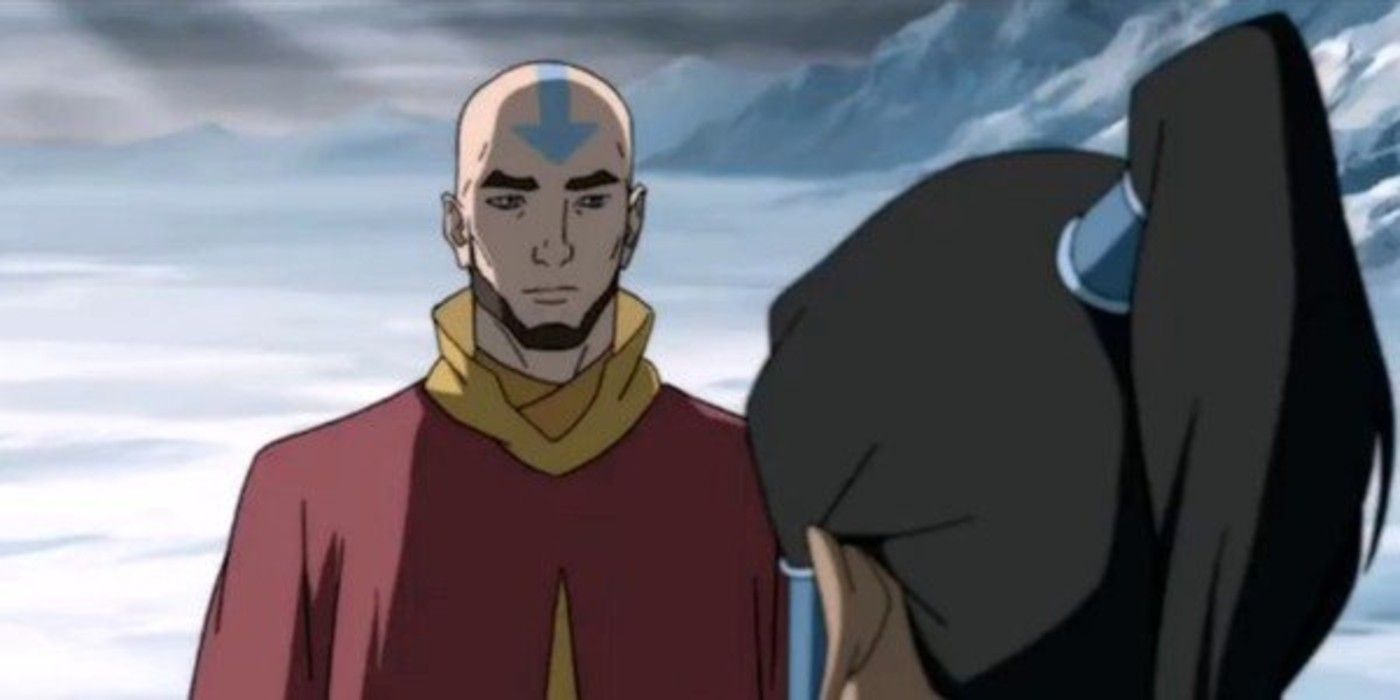 Aang adulto falando com Korra em The Legend of Korra