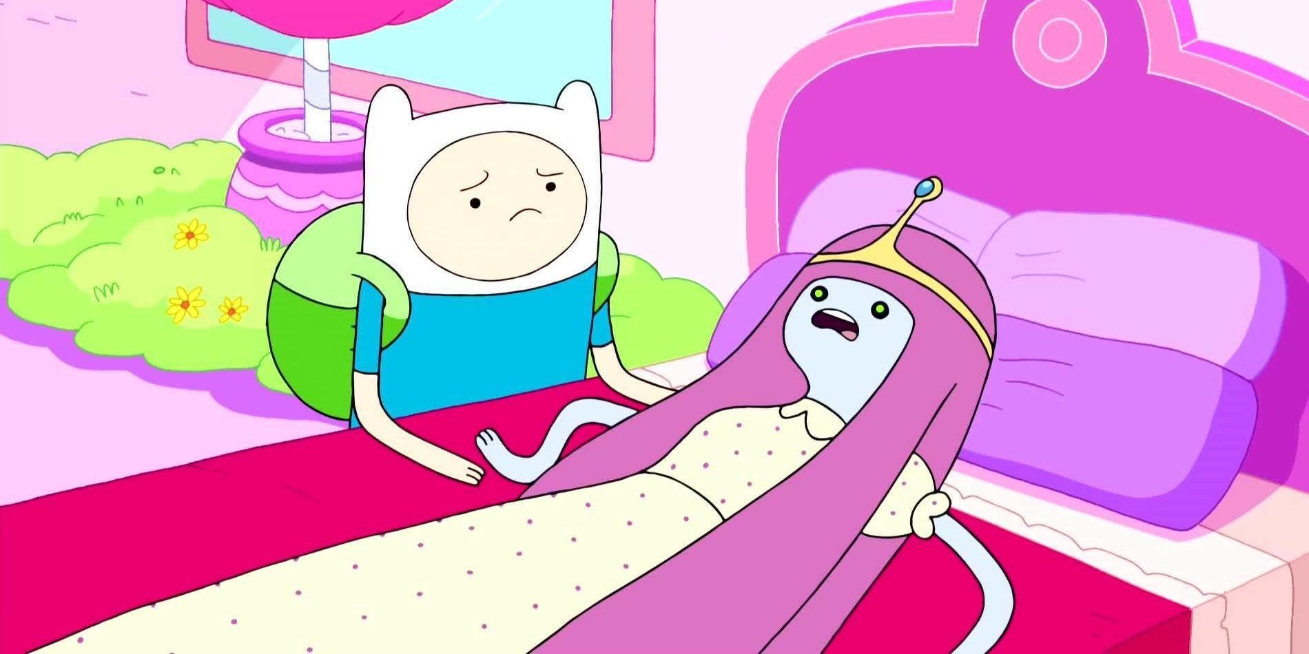 Bubblegum lying on a a bed with Finn comforting her in Adventure Time