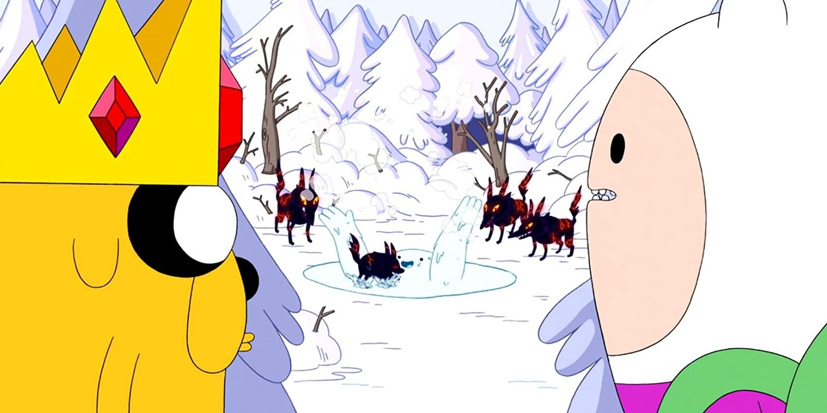 Finn and Jake Watch the Snow Golem and Fire Wolf Pup.