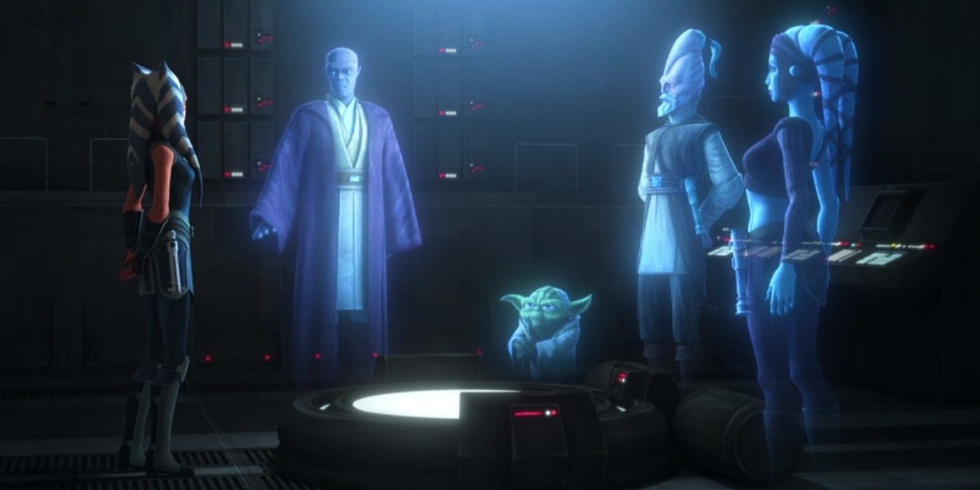 Ahsoka Mace Windu Yoda Ki Adi Mundi Aayla Secura speak over hologram to talk about Maul in Clone Wars season 7