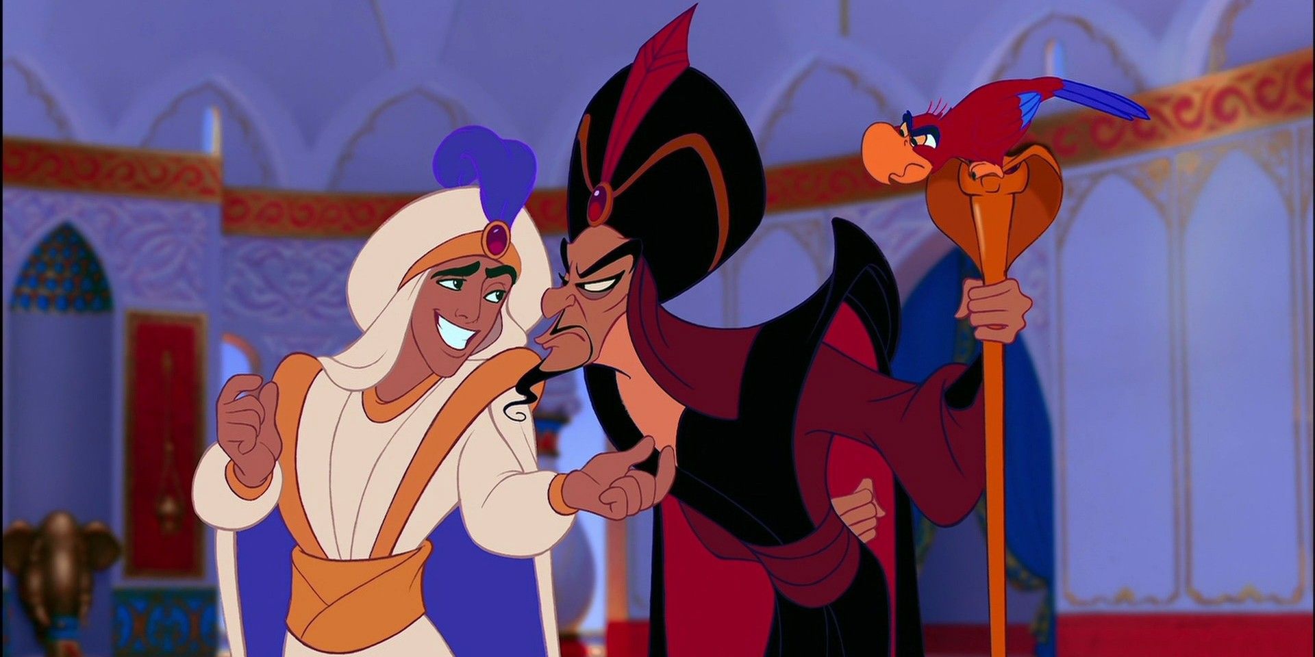 Aladdin Smiling While Jafar And Iago Look At Him Angrily In The Disney Movie