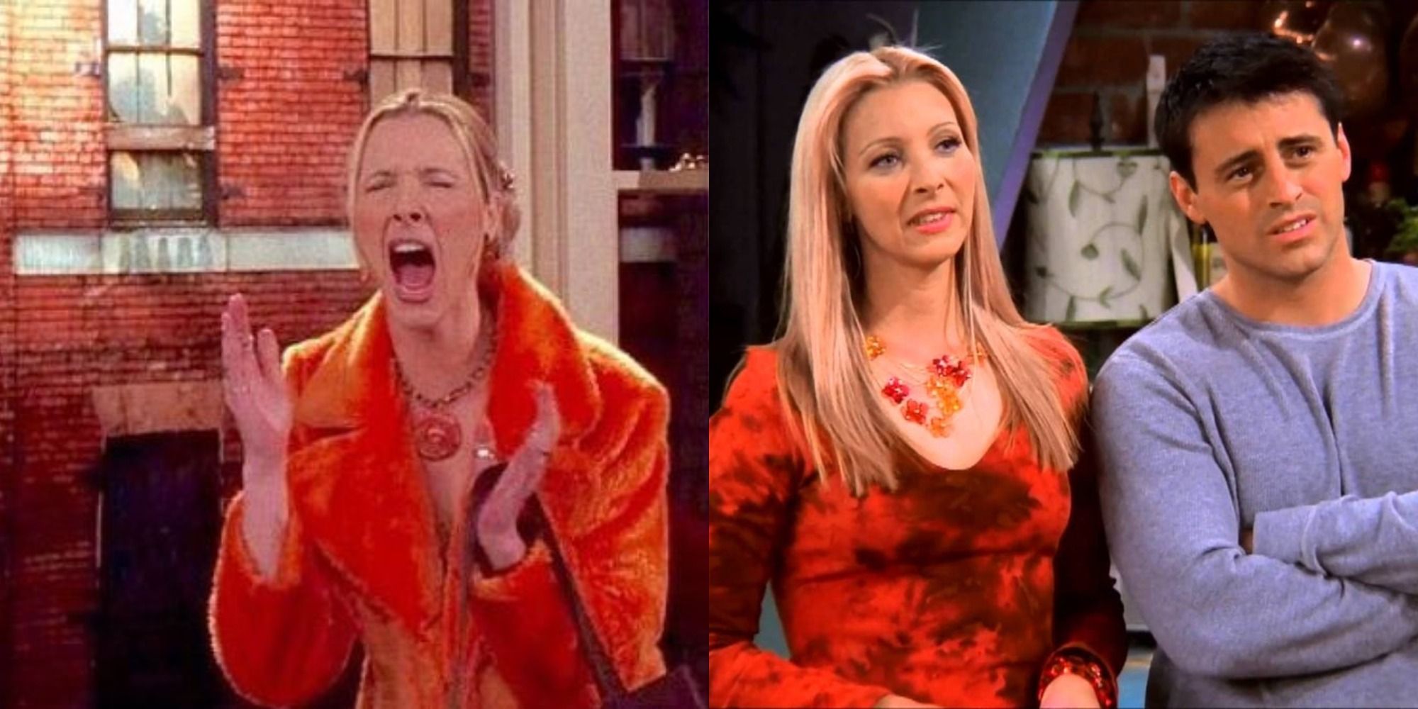 An image of Phoebe screaming and an image of her standing with Joey in Friends