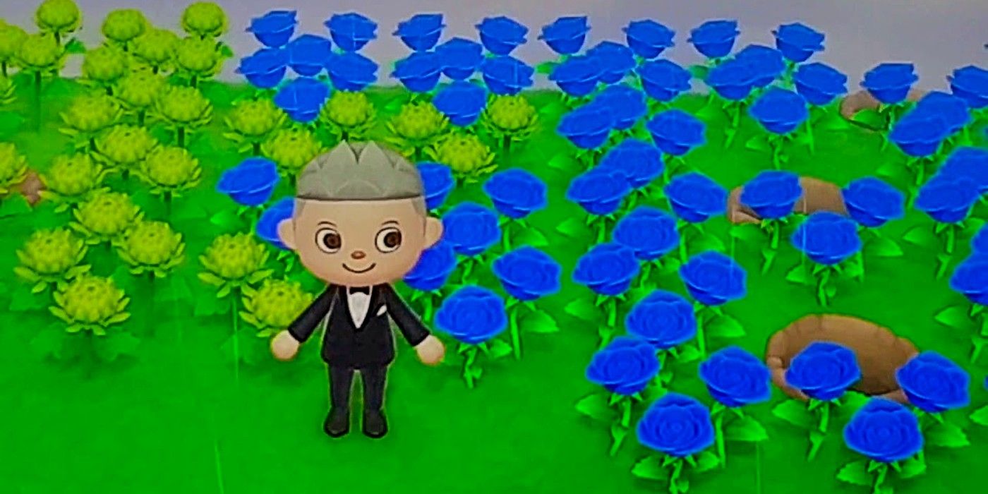 A player in a suit stands in front of a field of Blue Roses and Green Mums in Animal Crossing: New Horizons