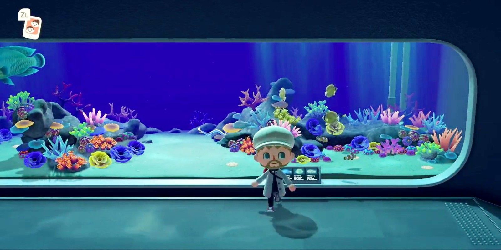 A player stands in front of a tank at the Fish Gallery in the museum in Animal Crossing: New Horizons