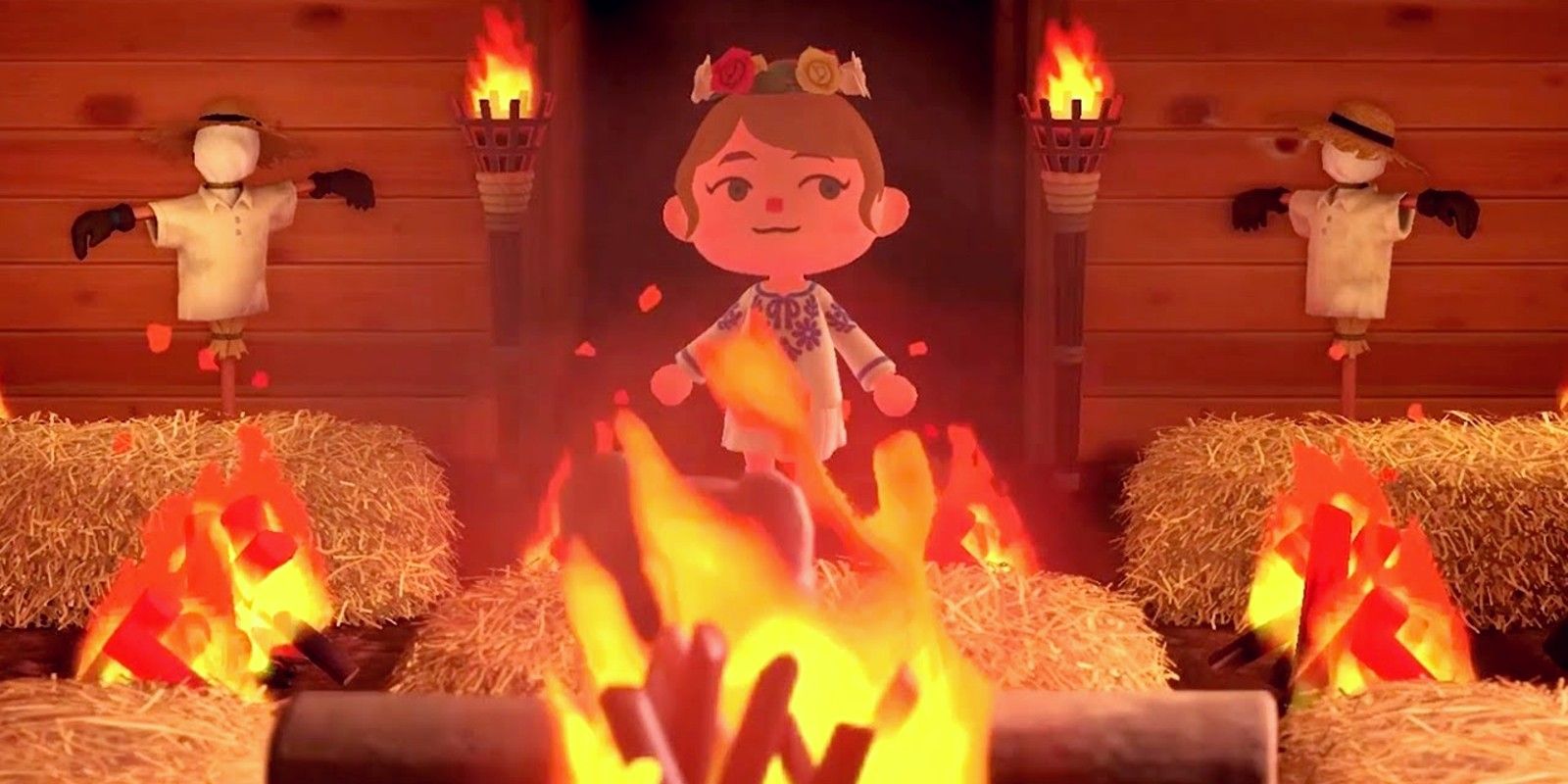 A player recreates the famous barn fire scene from Midsommar in Animal Crossing: New Horizons